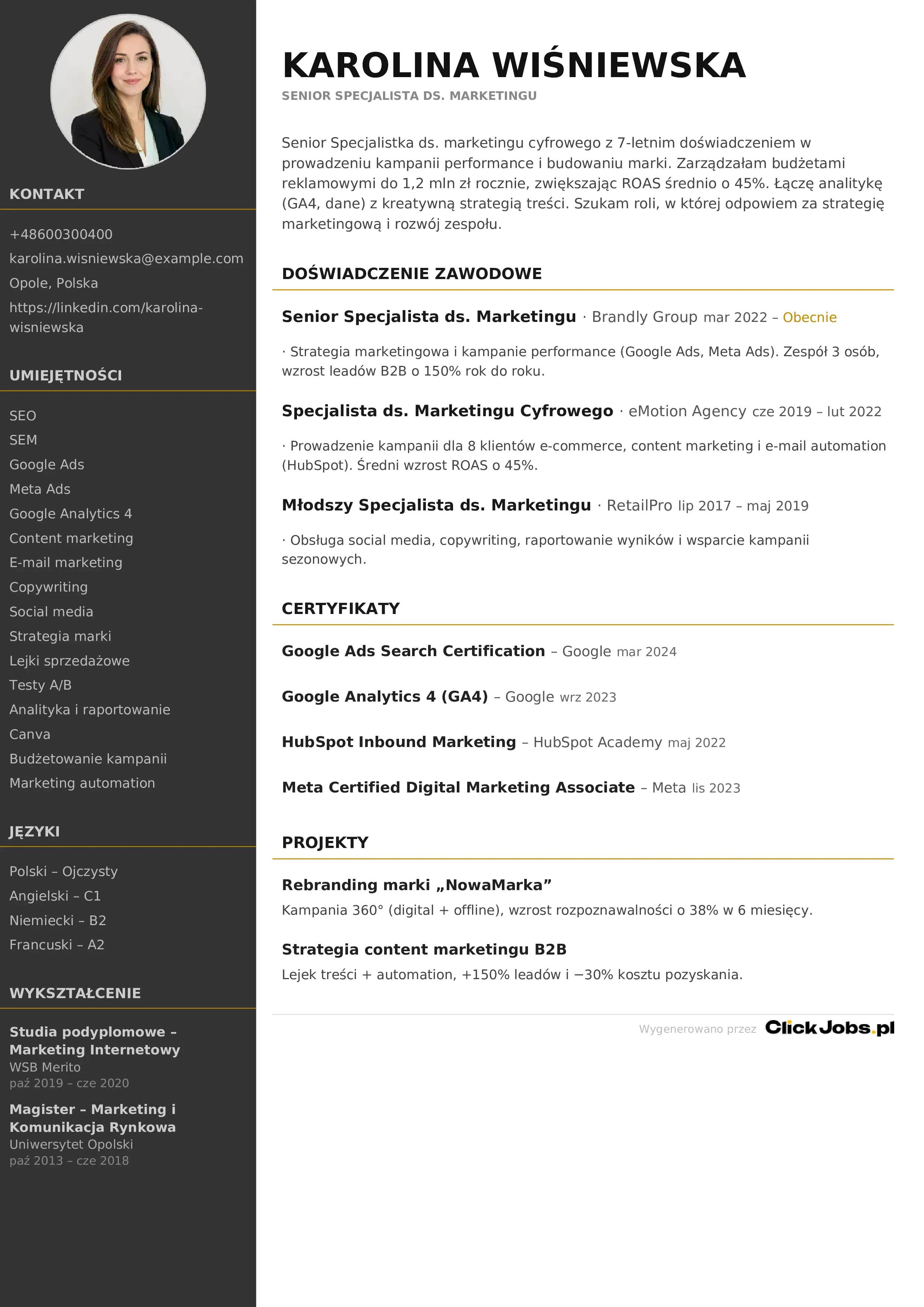 Szablon CV wygenerowany z profilu pracownika - wariant 1