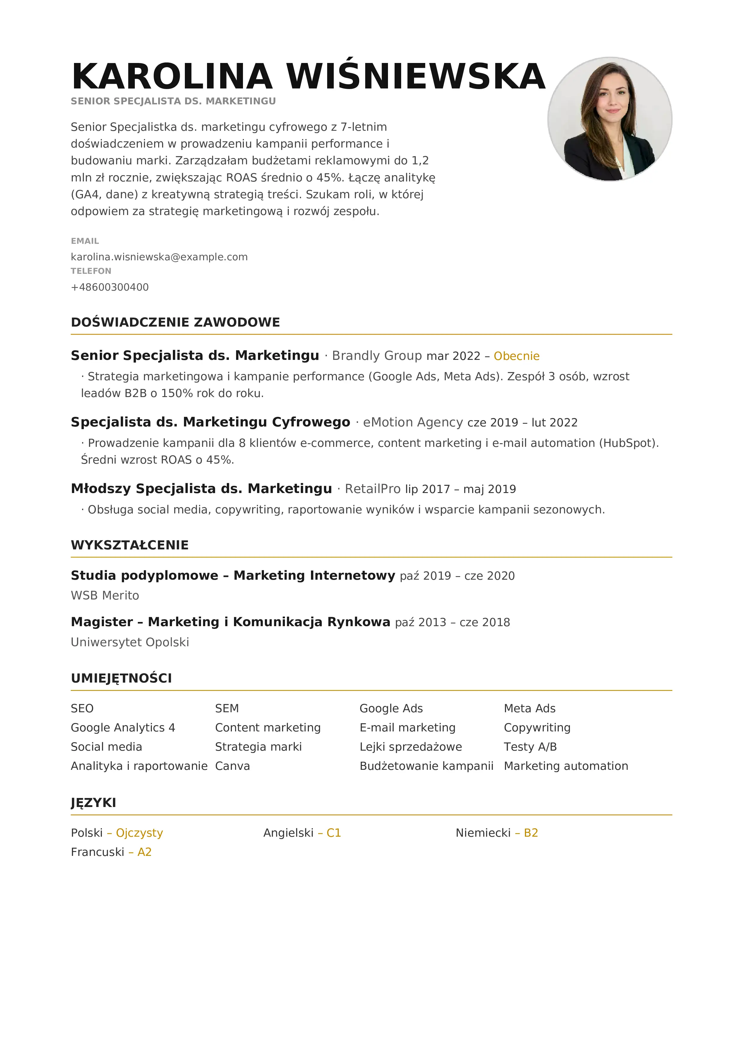 Szablon CV wygenerowany z profilu pracownika - wariant 2